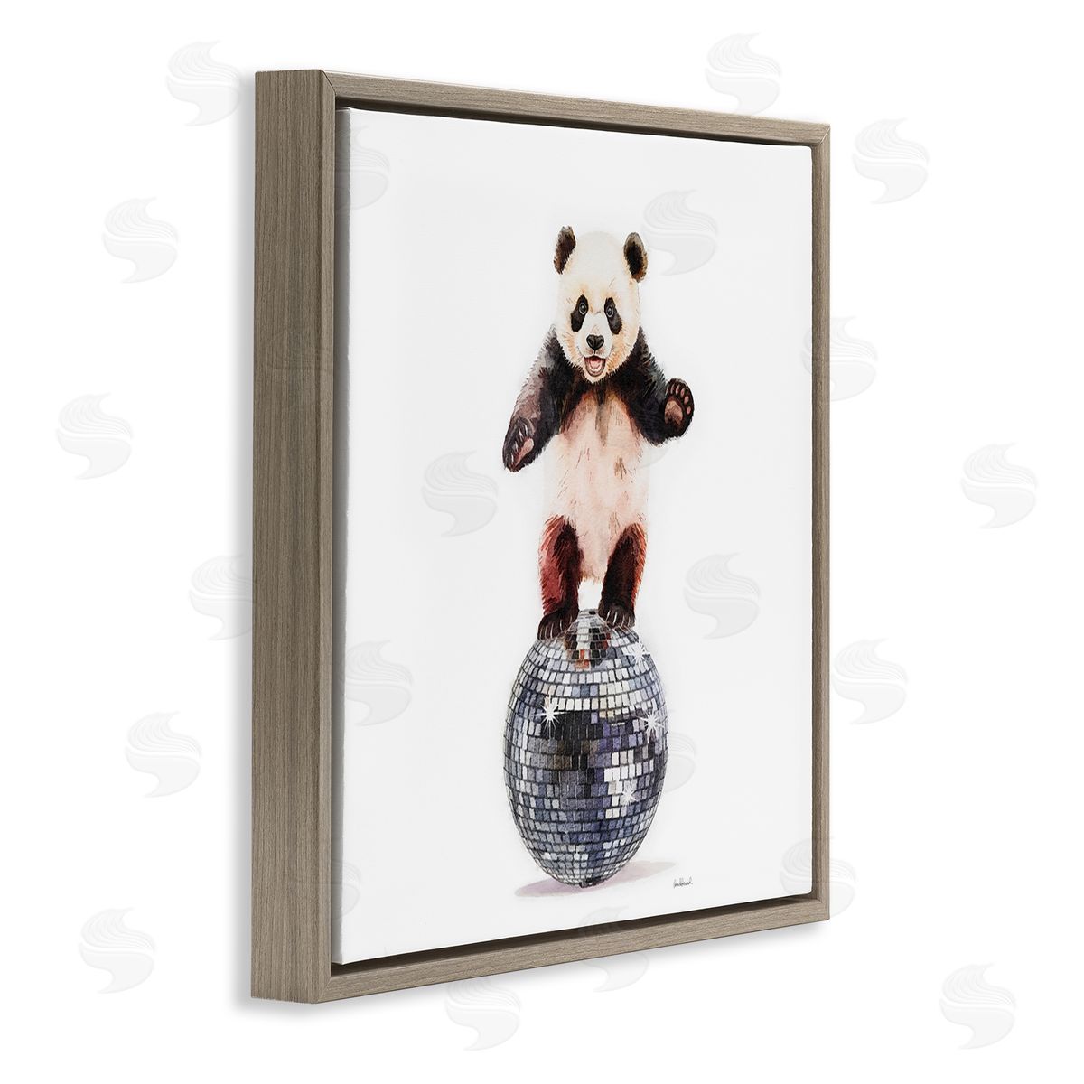 Panda Balancing on Disco Ball Brown Floating Frame Canvas Wall Art, Home Decor by Amanda Greenwood