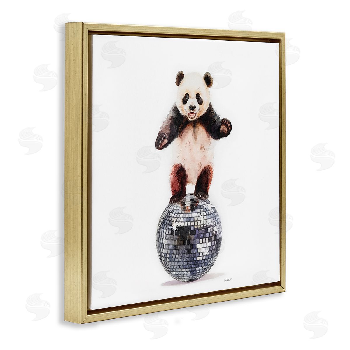 Panda Balancing on Disco Ball Gold Floating Frame Canvas Wall Art, Home Decor by Amanda Greenwood