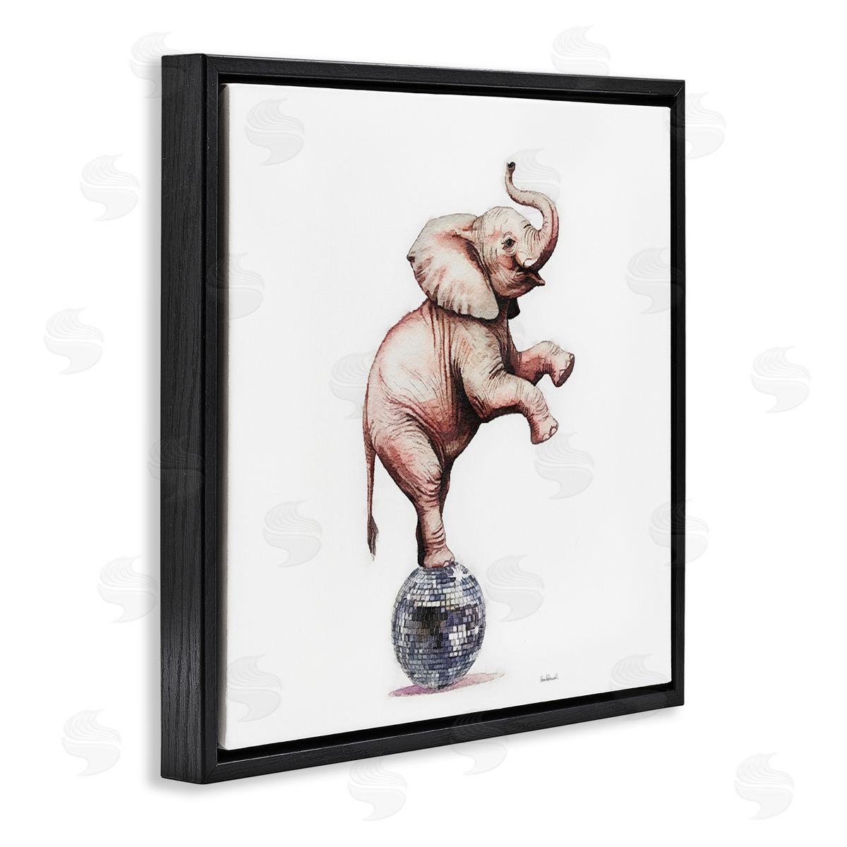 Elephant on Disco Ball Black Floating Frame Canvas Wall Art, Home Decor by Amanda Greenwood