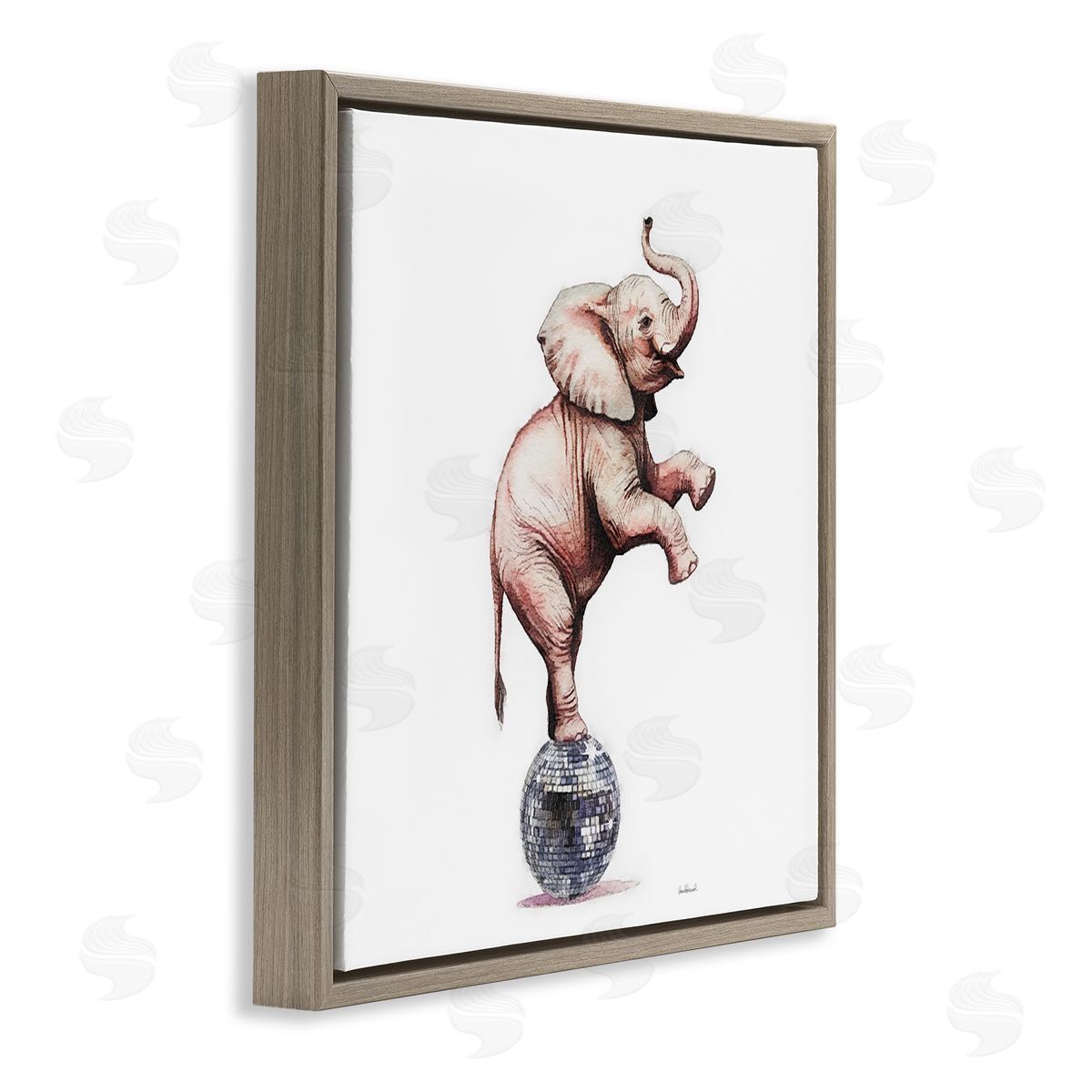 Elephant on Disco Ball Brown Floating Frame Canvas Wall Art, Home Decor by Amanda Greenwood
