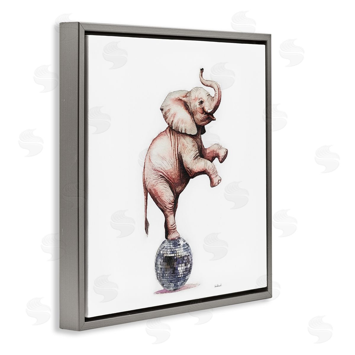 Elephant on Disco Ball Grey Floating Frame Canvas Wall Art, Home Decor by Amanda Greenwood