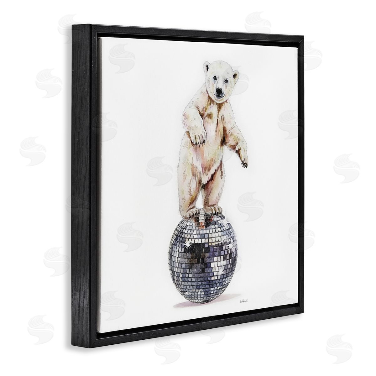 Polar Bear on Disco Ball Black Floating Frame Canvas Wall Art, Home Decor by Amanda Greenwood