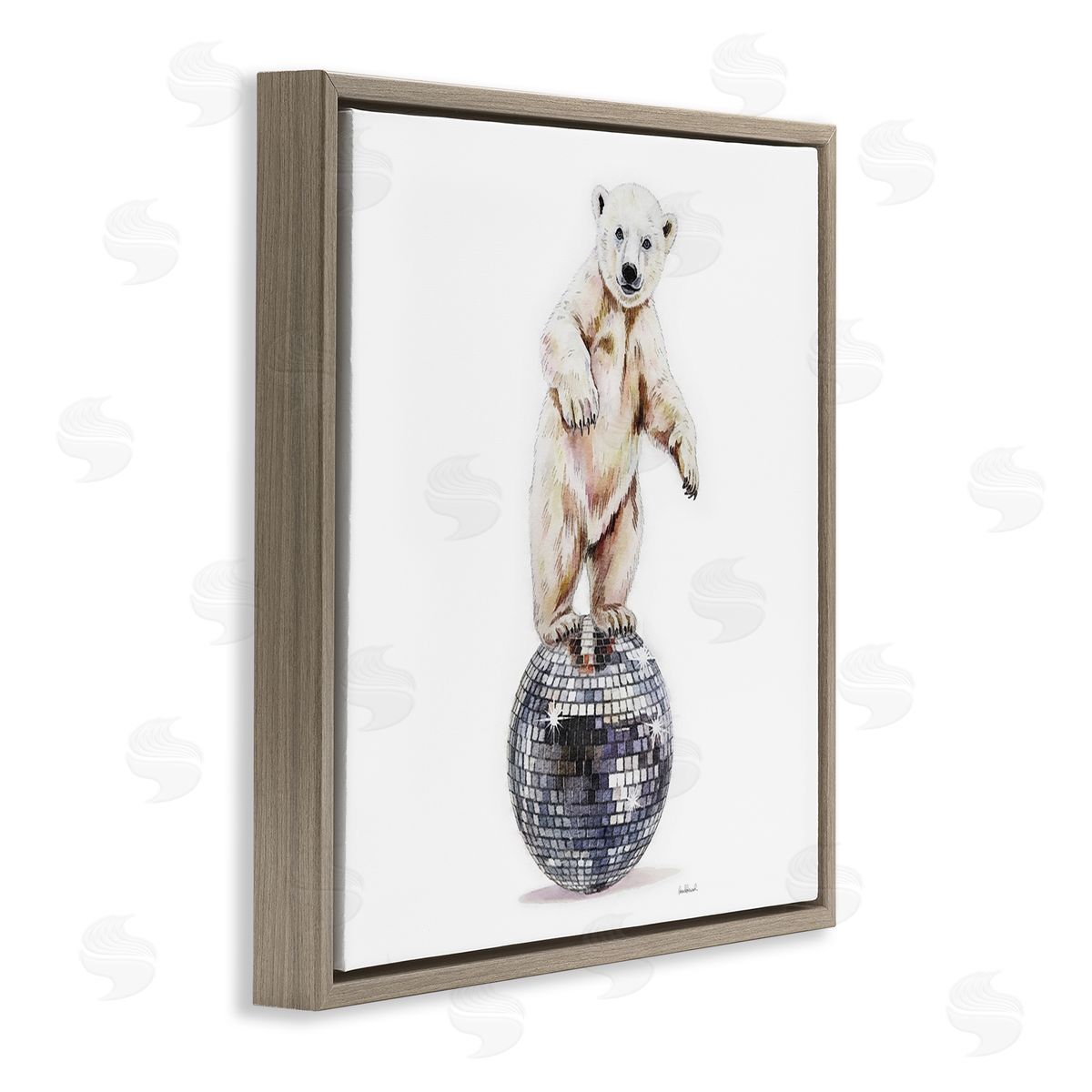 Polar Bear on Disco Ball Brown Floating Frame Canvas Wall Art, Home Decor by Amanda Greenwood