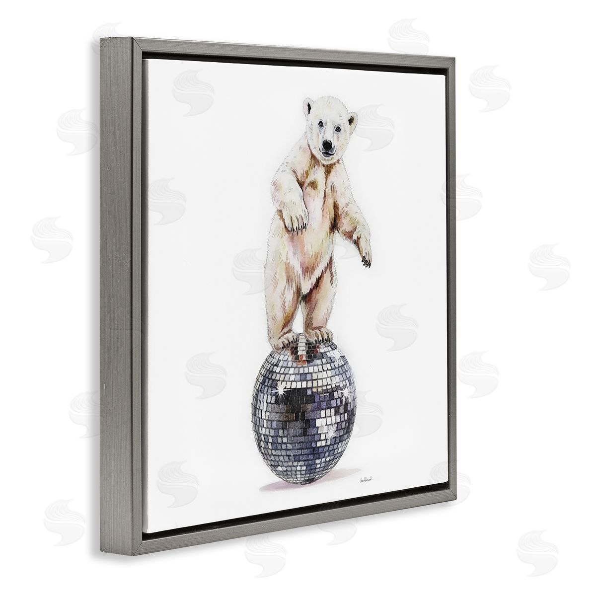 Polar Bear on Disco Ball Grey Floating Frame Canvas Wall Art, Home Decor by Amanda Greenwood