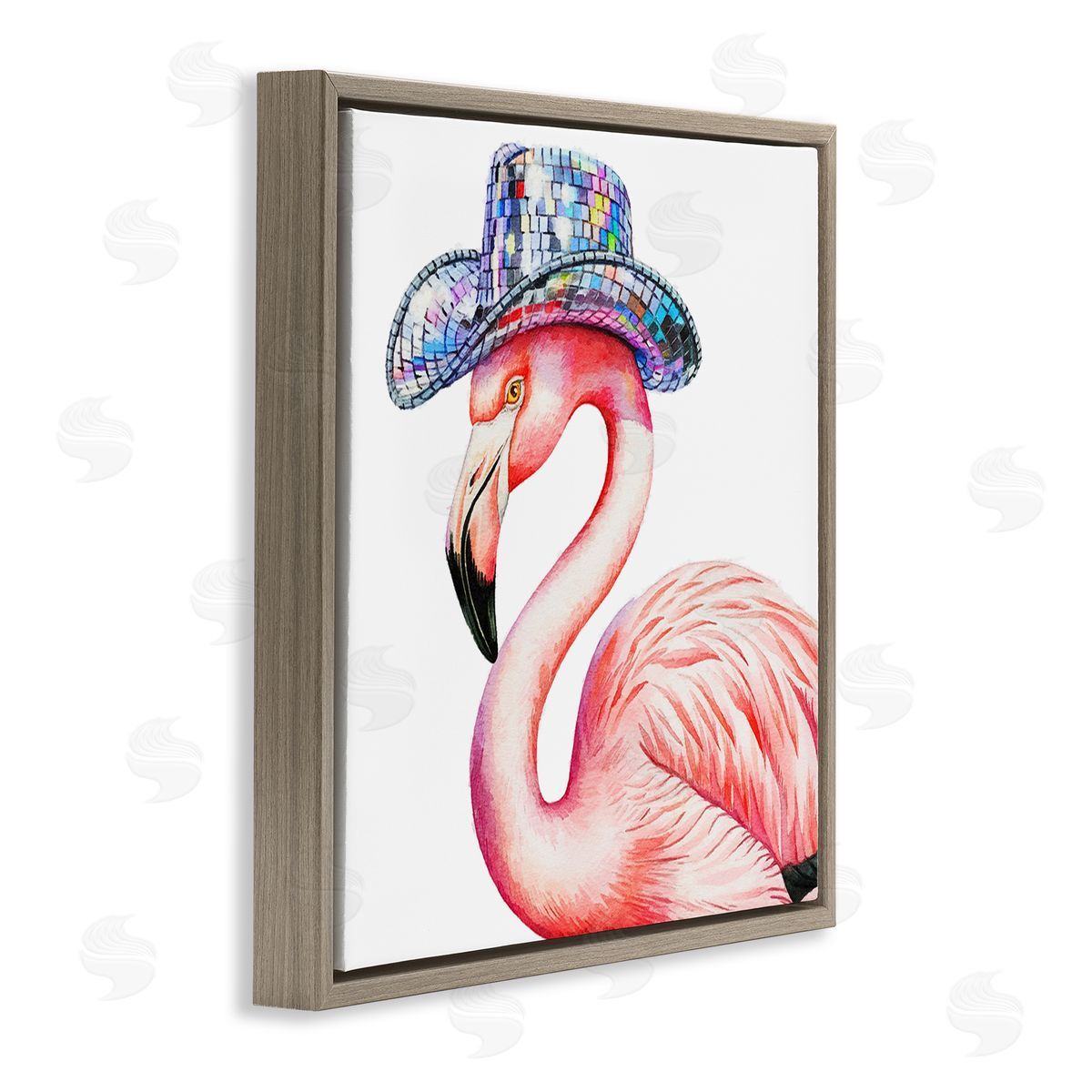 Disco Hat on Flamingo Brown Floating Frame Canvas Wall Art, Home Decor by Amanda Greenwood