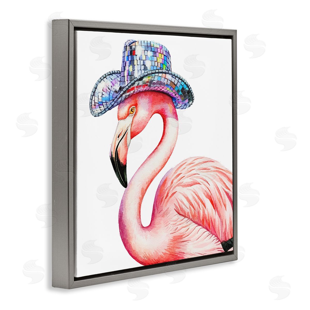 Disco Hat on Flamingo Grey Floating Frame Canvas Wall Art, Home Decor by Amanda Greenwood