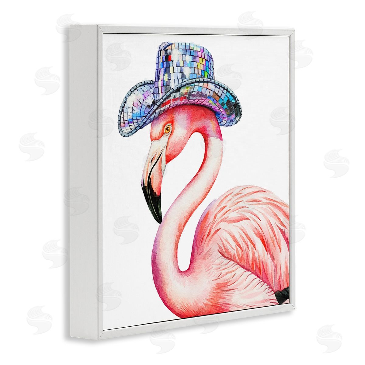 Disco Hat on Flamingo White Frame Print Wall Art, Home Decor by Amanda Greenwood