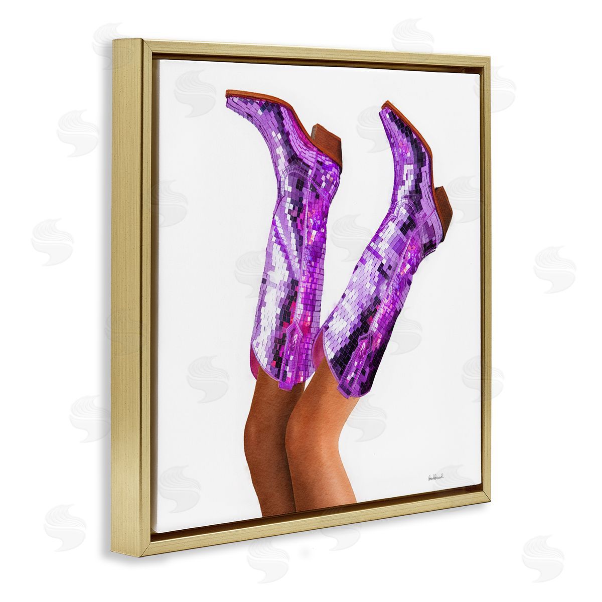 Purple Glam Cowgirl Boots Gold Floating Frame Canvas Wall Art, Home Decor by Amanda Greenwood