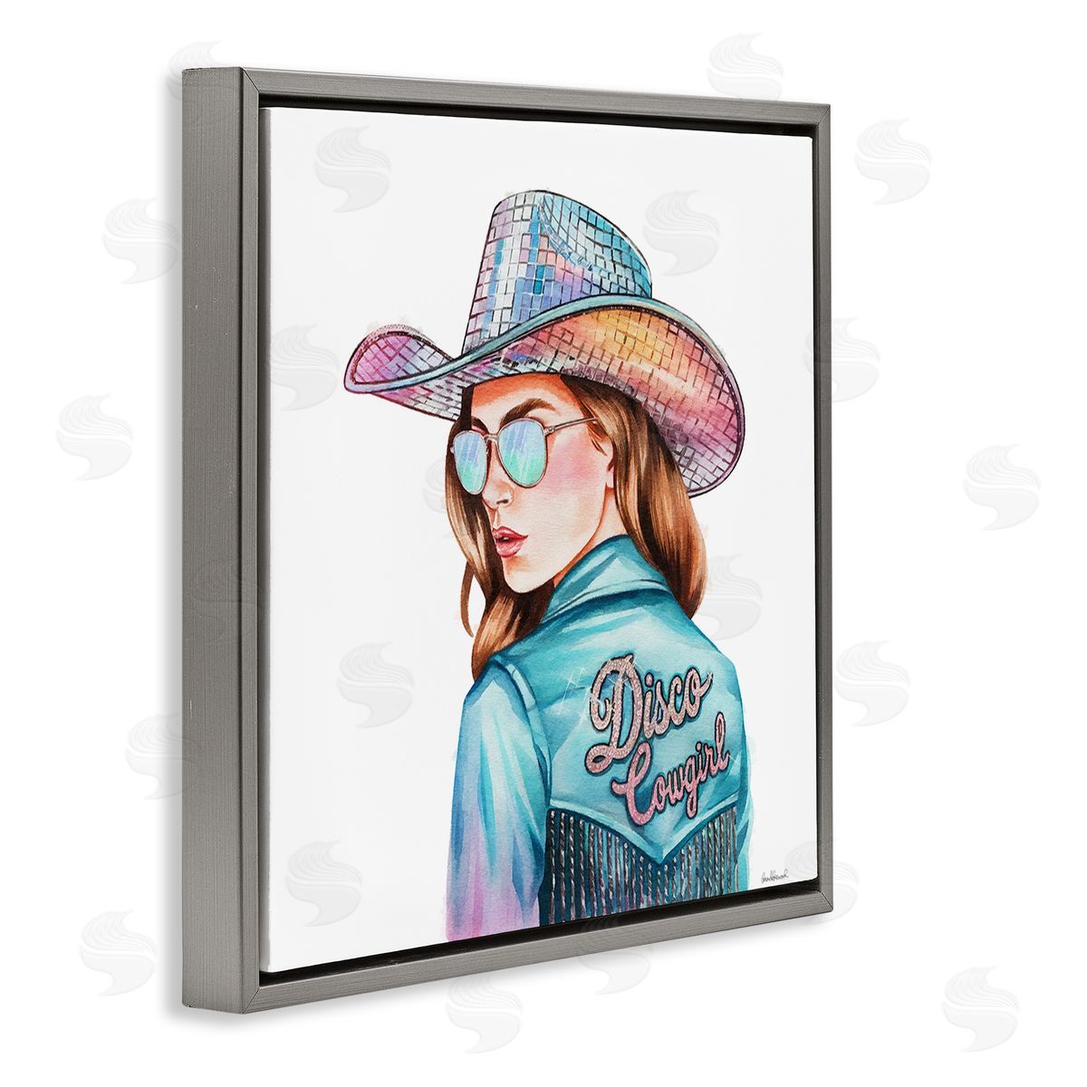 Disco Cowgirl Portrait Grey Floating Frame Canvas Wall Art, Home Decor by Amanda Greenwood