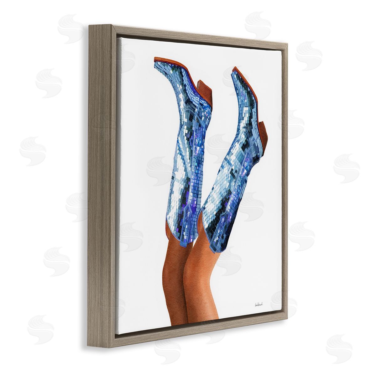 Blue Glam Cowgirl Boots Brown Floating Frame Canvas Wall Art, Home Decor by Amanda Greenwood