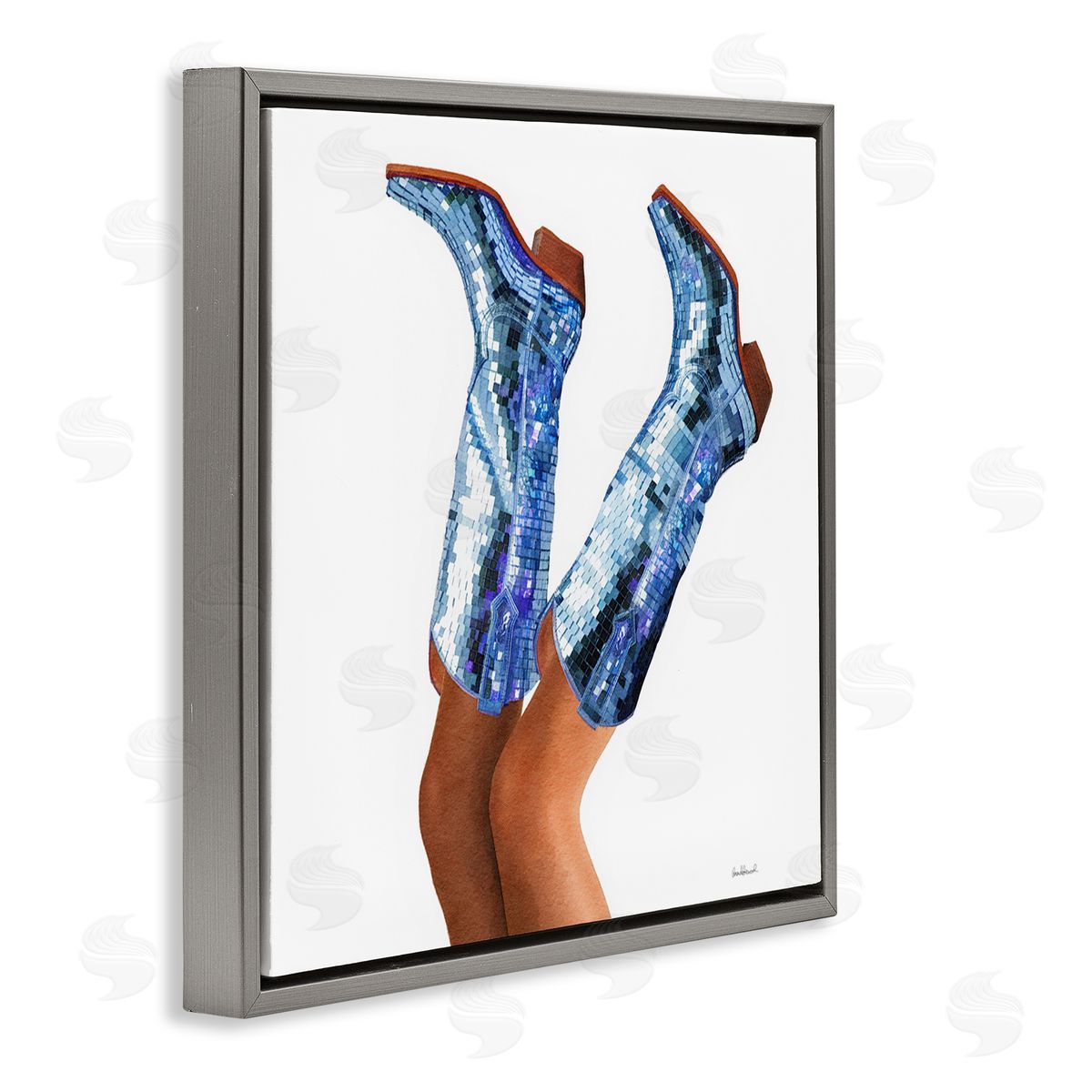 Blue Glam Cowgirl Boots Grey Floating Frame Canvas Wall Art, Home Decor by Amanda Greenwood