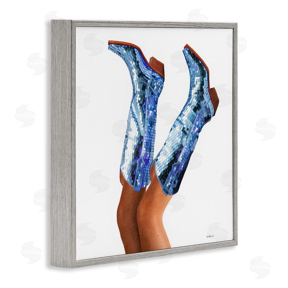 Blue Glam Cowgirl Boots Grey Frame Print Wall Art, Home Decor by Amanda Greenwood