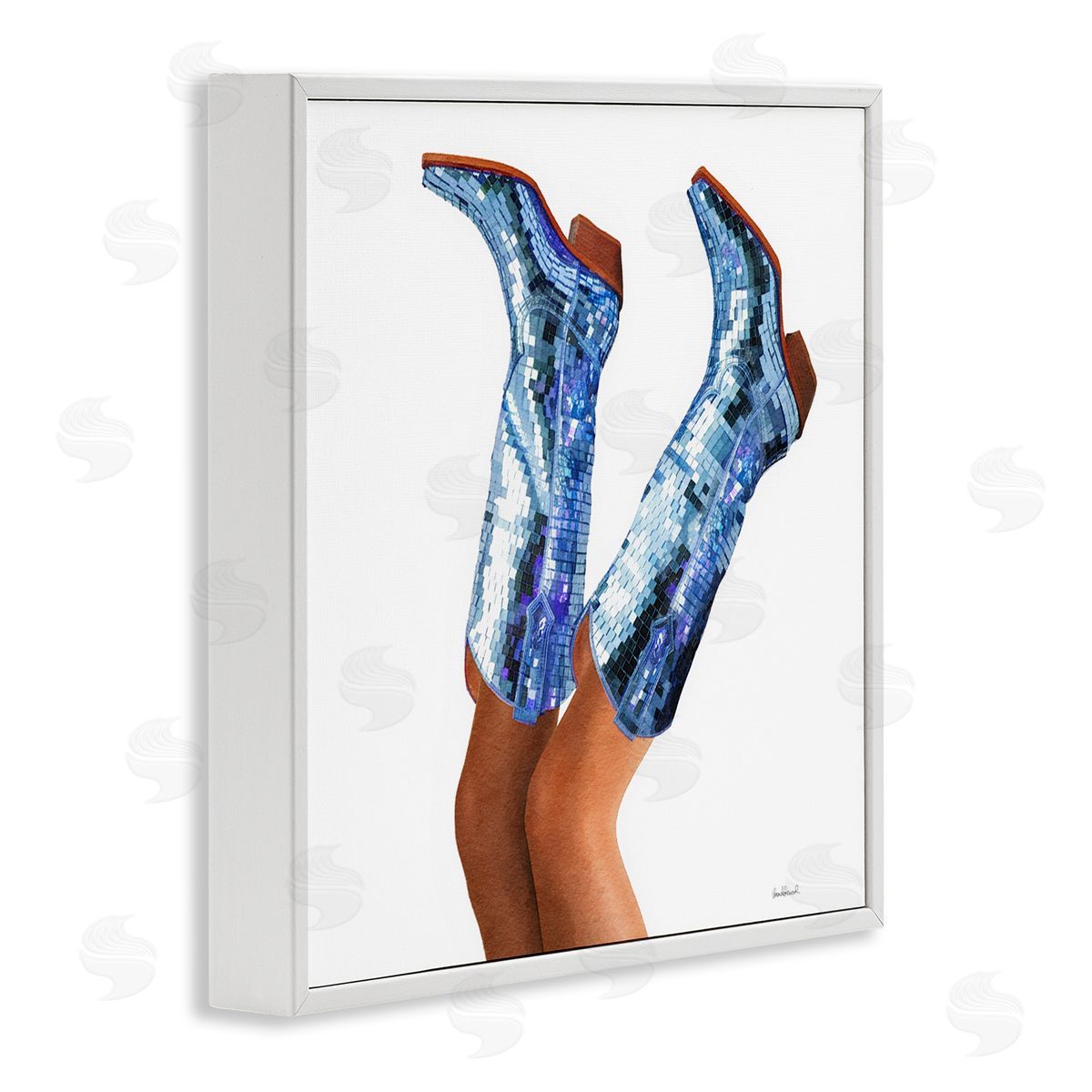 Blue Glam Cowgirl Boots White Frame Print Wall Art, Home Decor by Amanda Greenwood