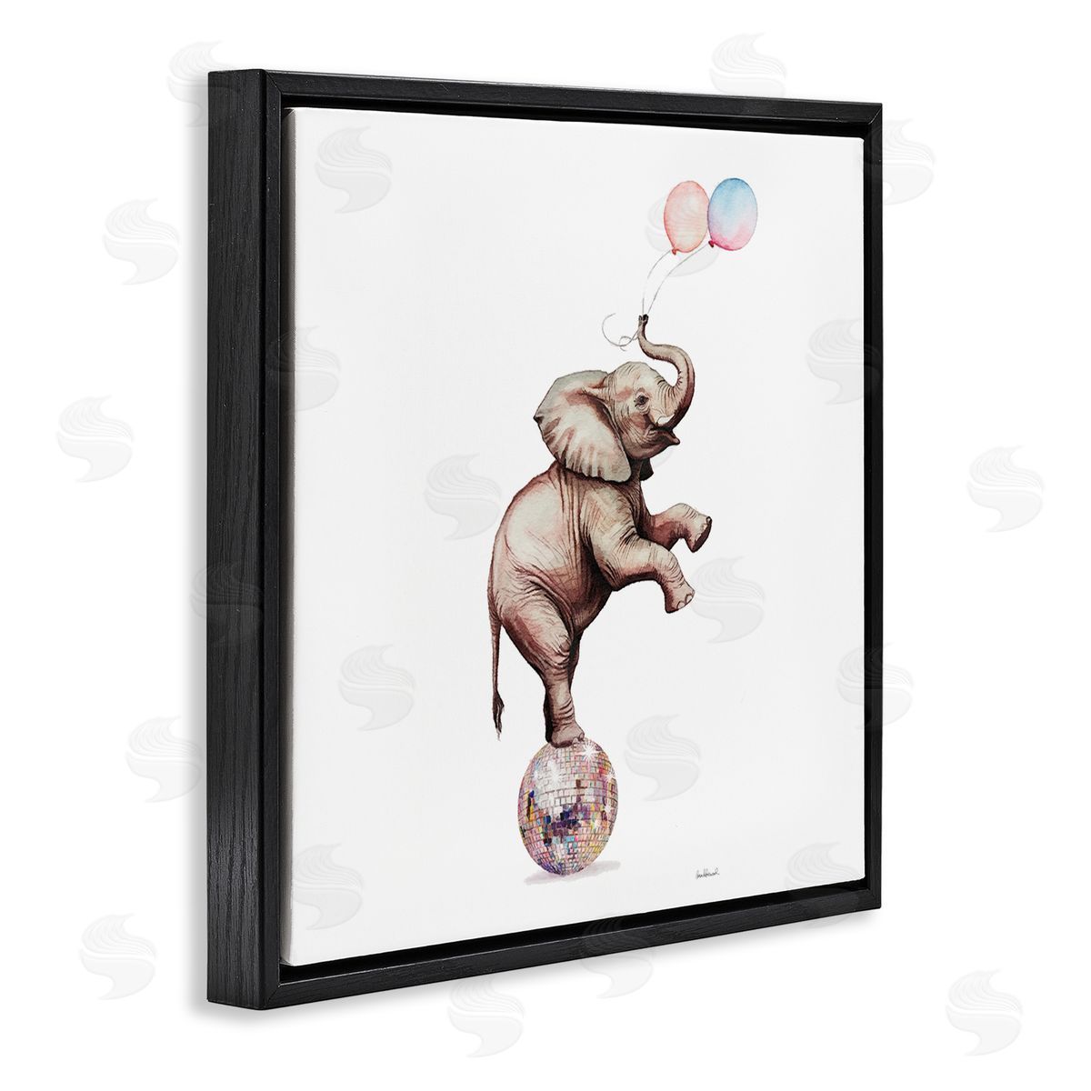 Elephant & Balloons Disco Black Floating Frame Canvas Wall Art, Home Decor by Amanda Greenwood