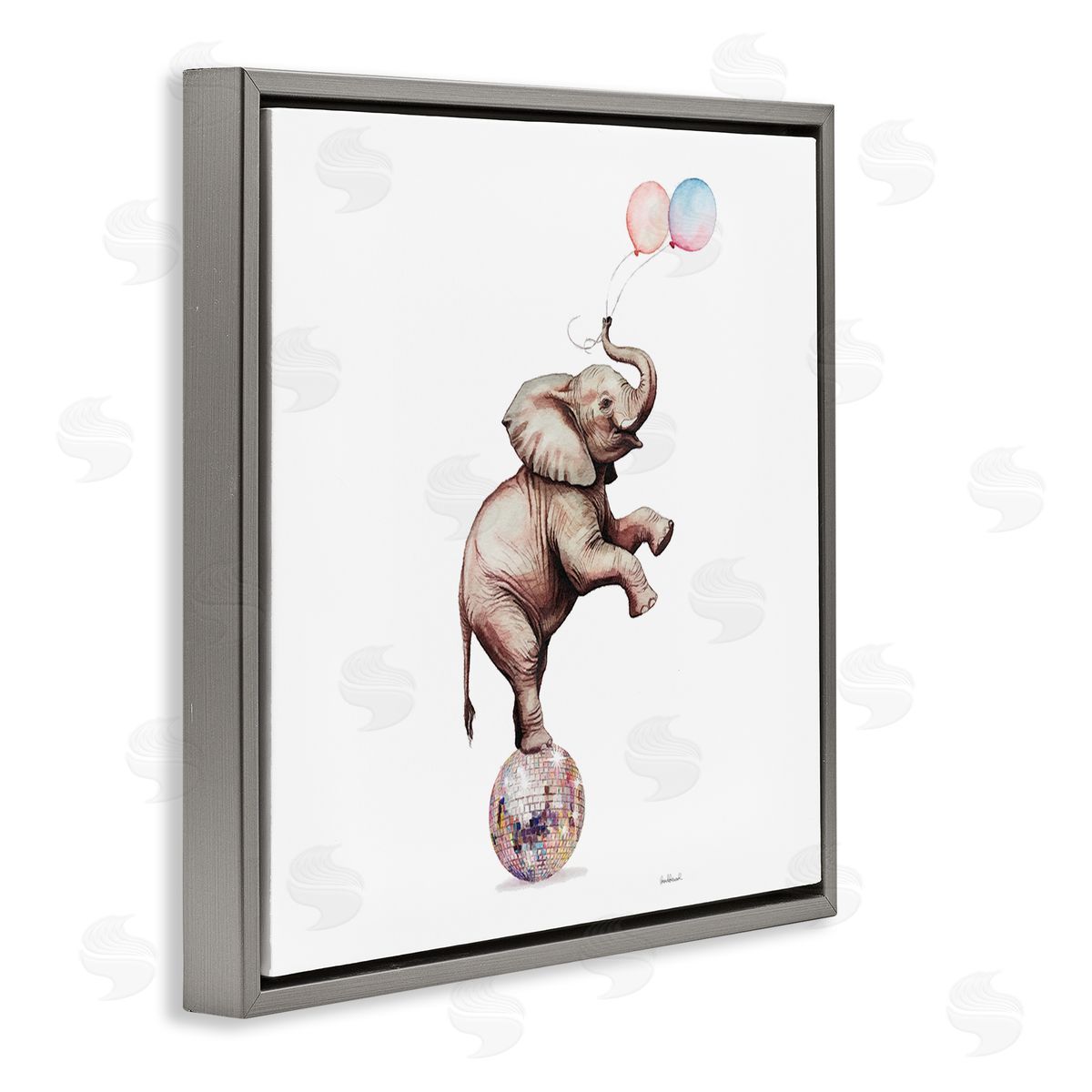 Elephant & Balloons Disco Grey Floating Frame Canvas Wall Art, Home Decor by Amanda Greenwood