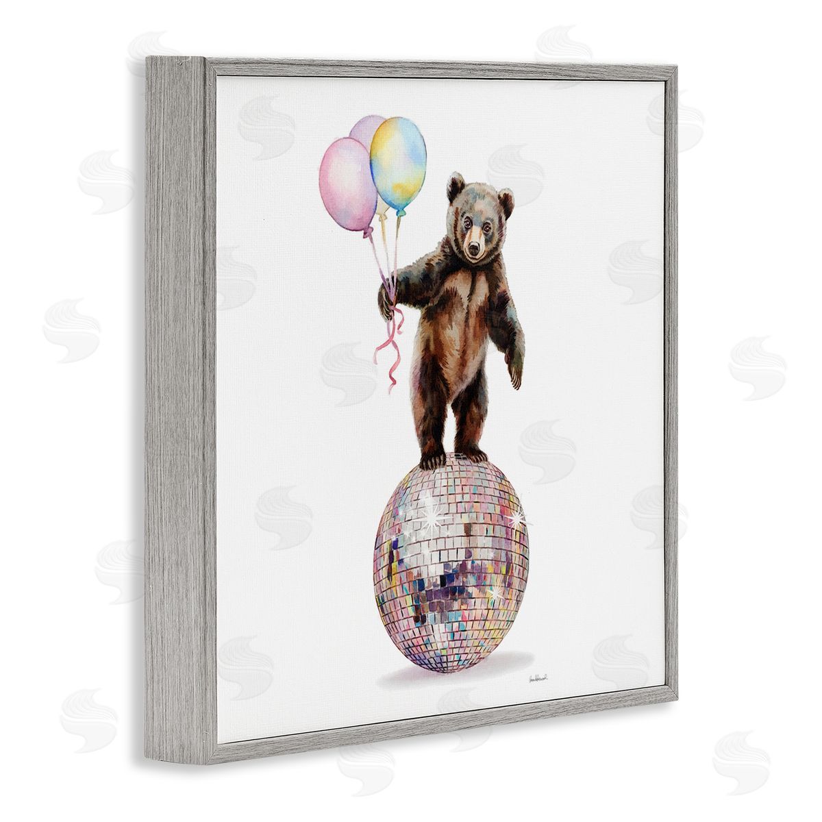 Bear & Balloons Disco Grey Frame Print Wall Art, Home Decor by Amanda Greenwood