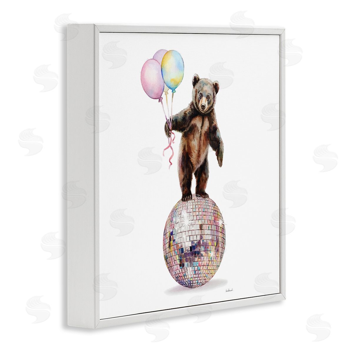 Bear & Balloons Disco White Frame Print Wall Art, Home Decor by Amanda Greenwood
