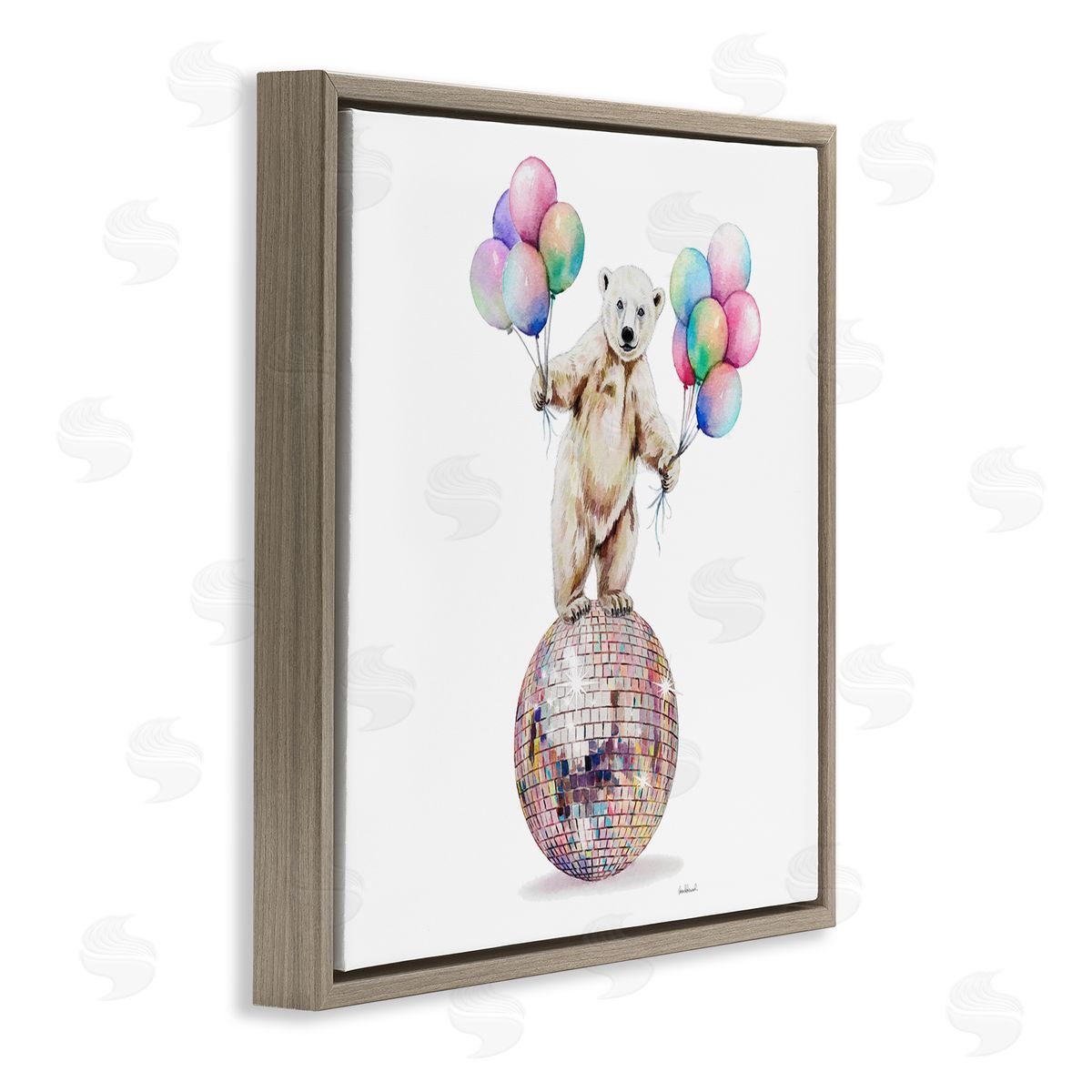 Polar Bear & Balloons Brown Floating Frame Canvas Wall Art, Home Decor by Amanda Greenwood