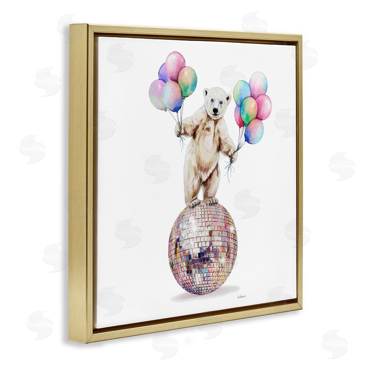 Polar Bear & Balloons Gold Floating Frame Canvas Wall Art, Home Decor by Amanda Greenwood