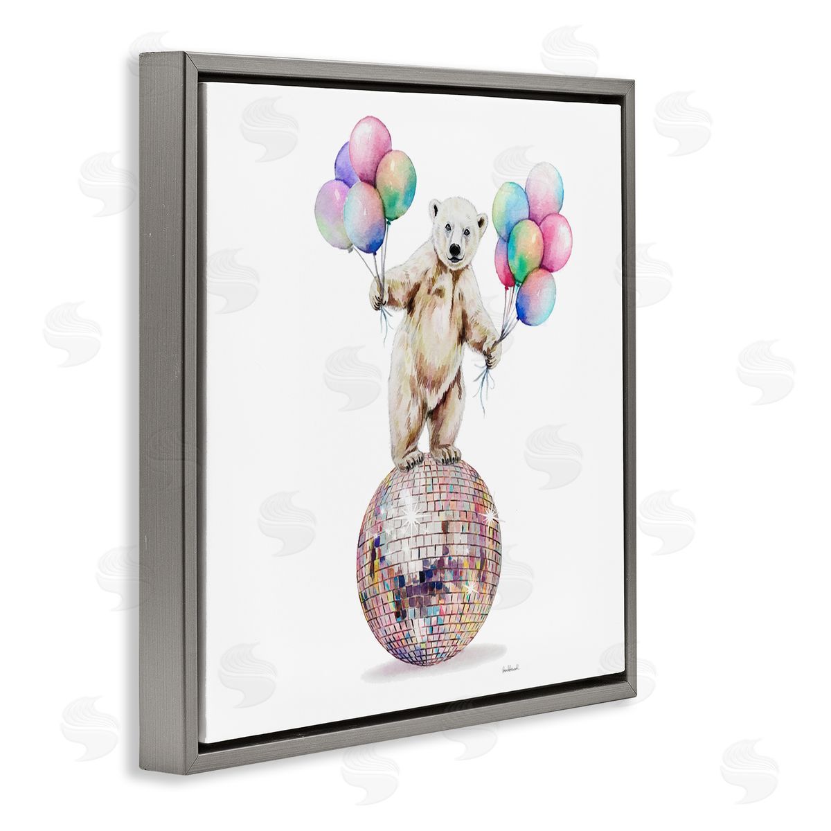 Polar Bear & Balloons Grey Floating Frame Canvas Wall Art, Home Decor by Amanda Greenwood
