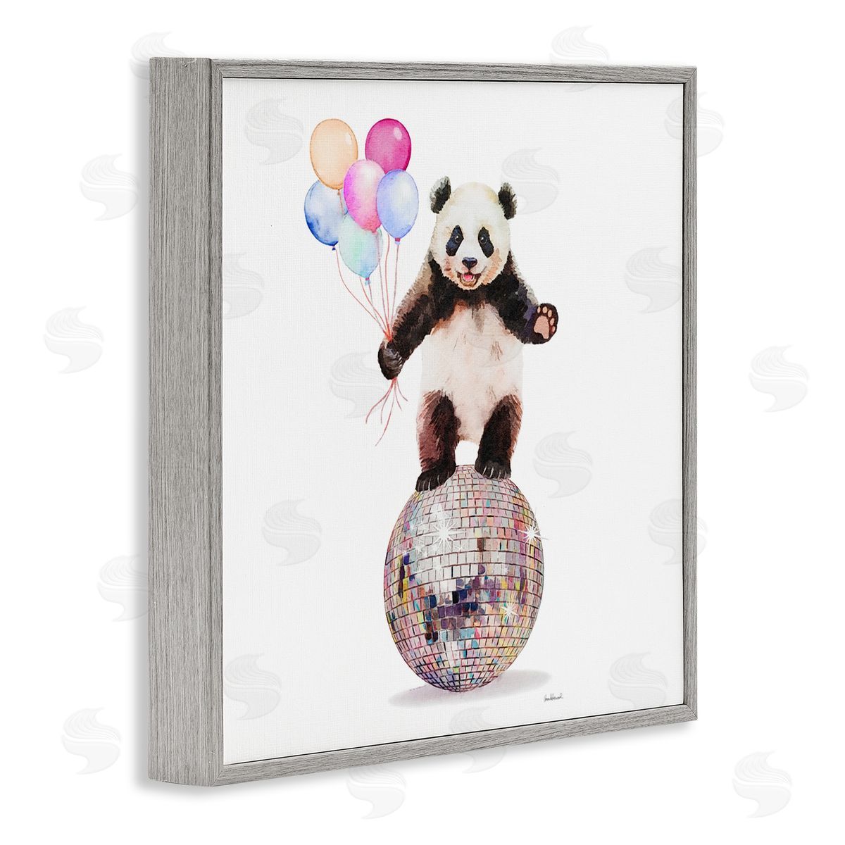 Panda & Balloons Disco Grey Frame Print Wall Art, Home Decor by Amanda Greenwood