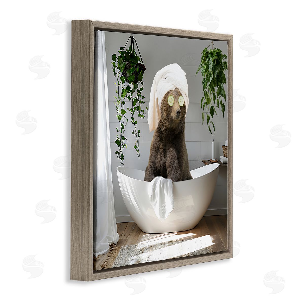 Bear in Refreshing Spa Bath Brown Floating Frame Canvas Wall Art, Home Decor by CAD Designs