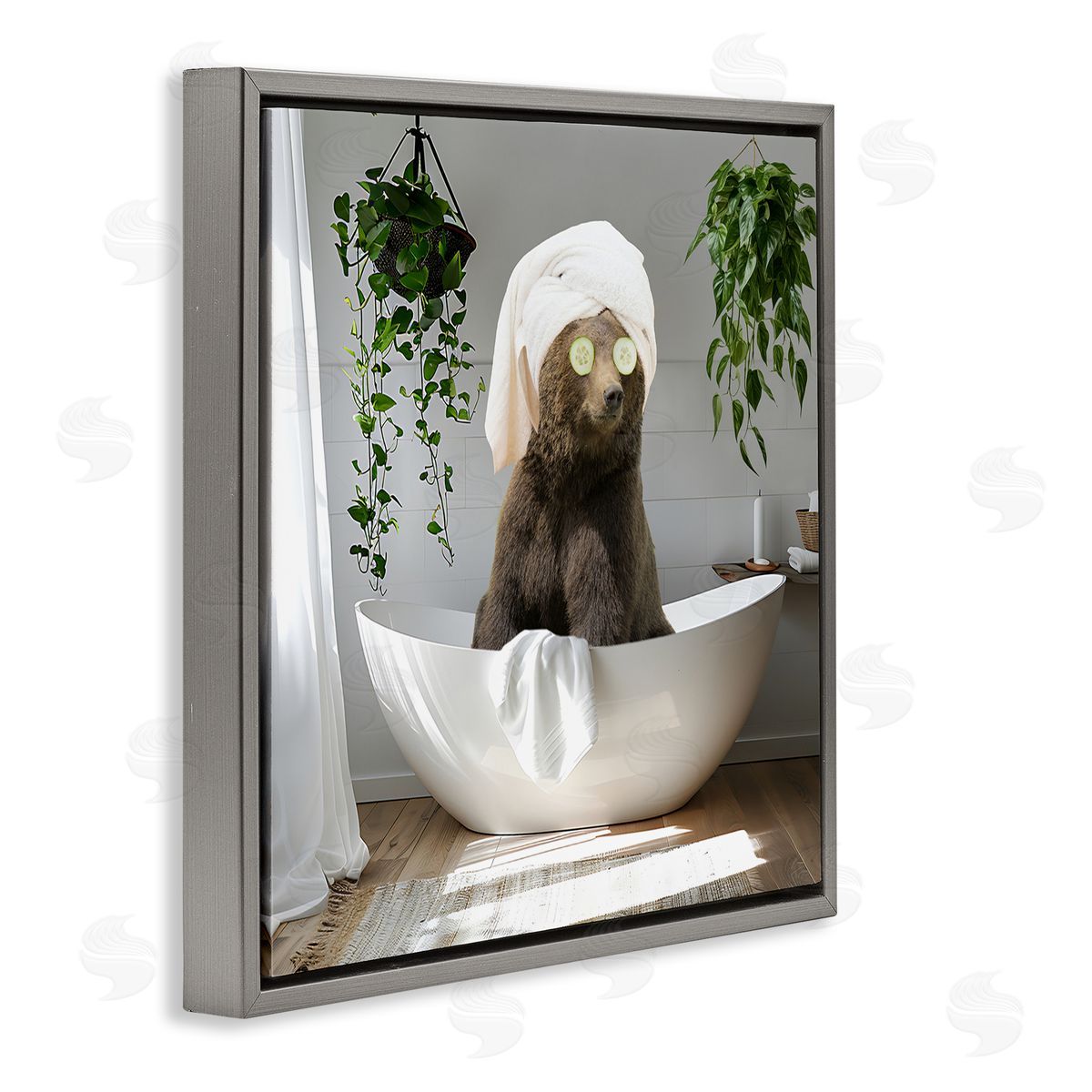 Bear in Refreshing Spa Bath Grey Floating Frame Canvas Wall Art, Home Decor by CAD Designs