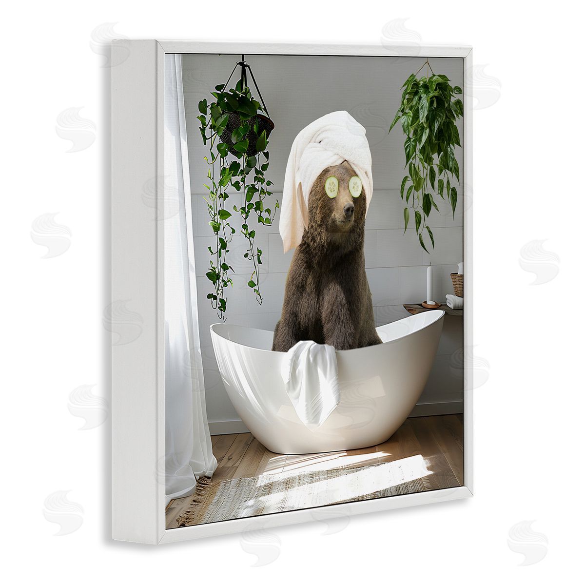 Bear in Refreshing Spa Bath White Frame Print Wall Art, Home Decor by CAD Designs