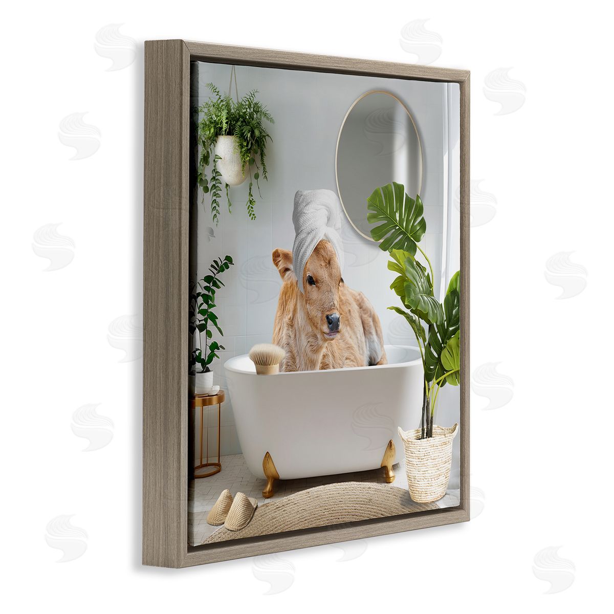 Pampered Cow in Bath Brown Floating Frame Canvas Wall Art, Home Decor by CAD Designs