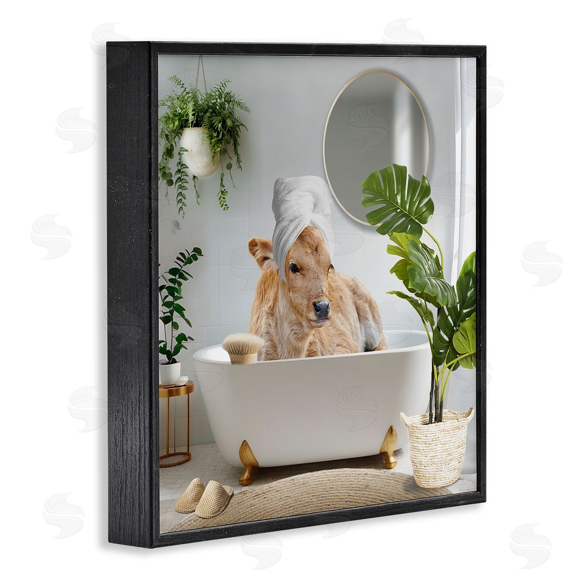 Pampered Cow in Bath Black Frame Print Wall Art, Home Decor by CAD Designs