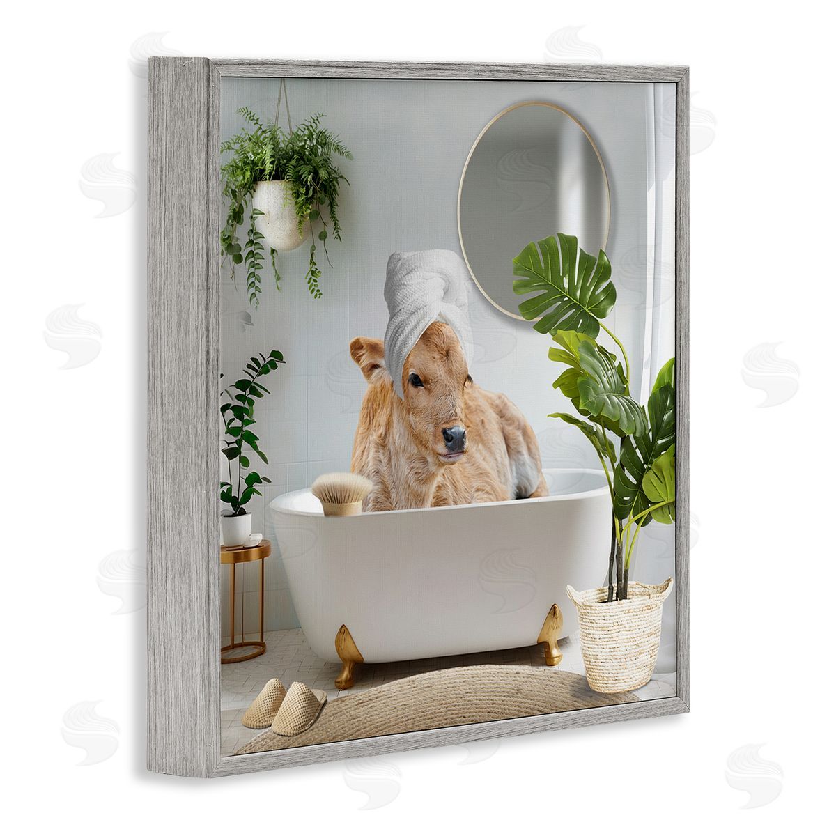 Pampered Cow in Bath Grey Frame Print Wall Art, Home Decor by CAD Designs