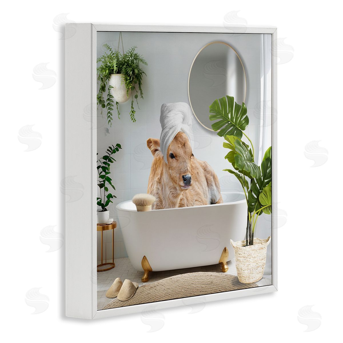 Pampered Cow in Bath White Frame Print Wall Art, Home Decor by CAD Designs