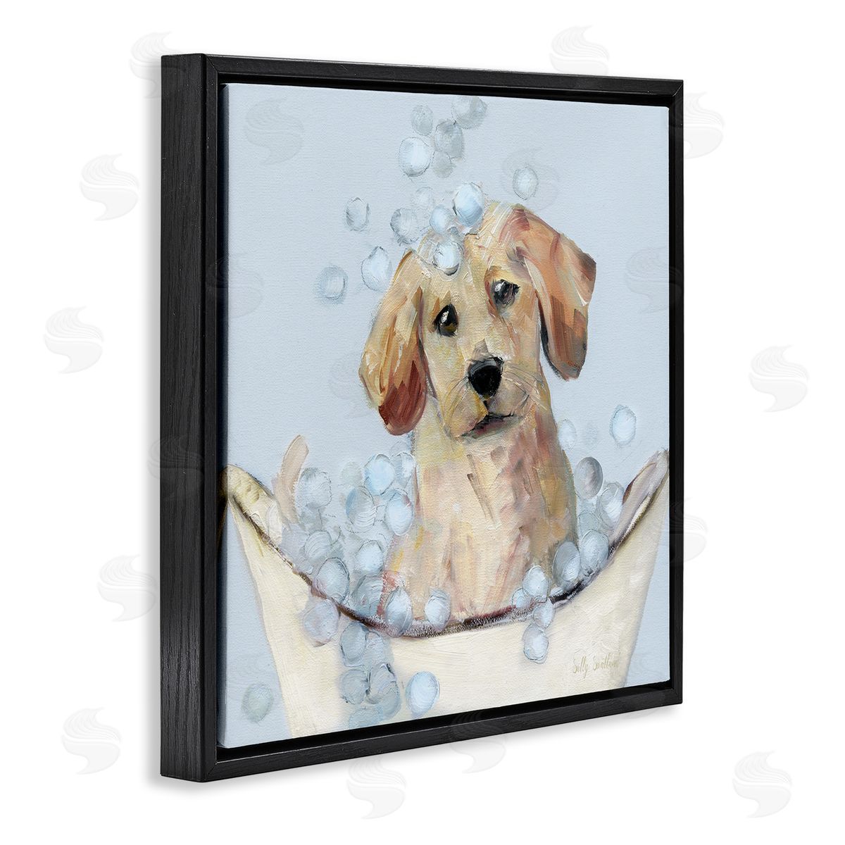 Bubble Bath Lab Puppy Black Floating Frame Canvas Wall Art, Home Decor by Sally Swatland
