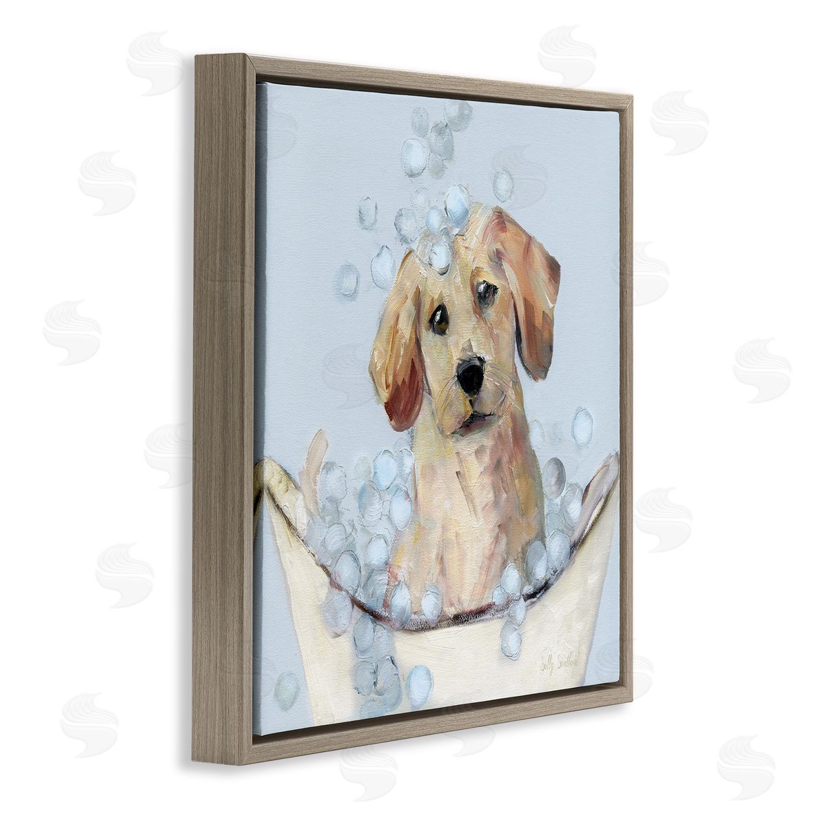 Bubble Bath Lab Puppy Brown Floating Frame Canvas Wall Art, Home Decor by Sally Swatland