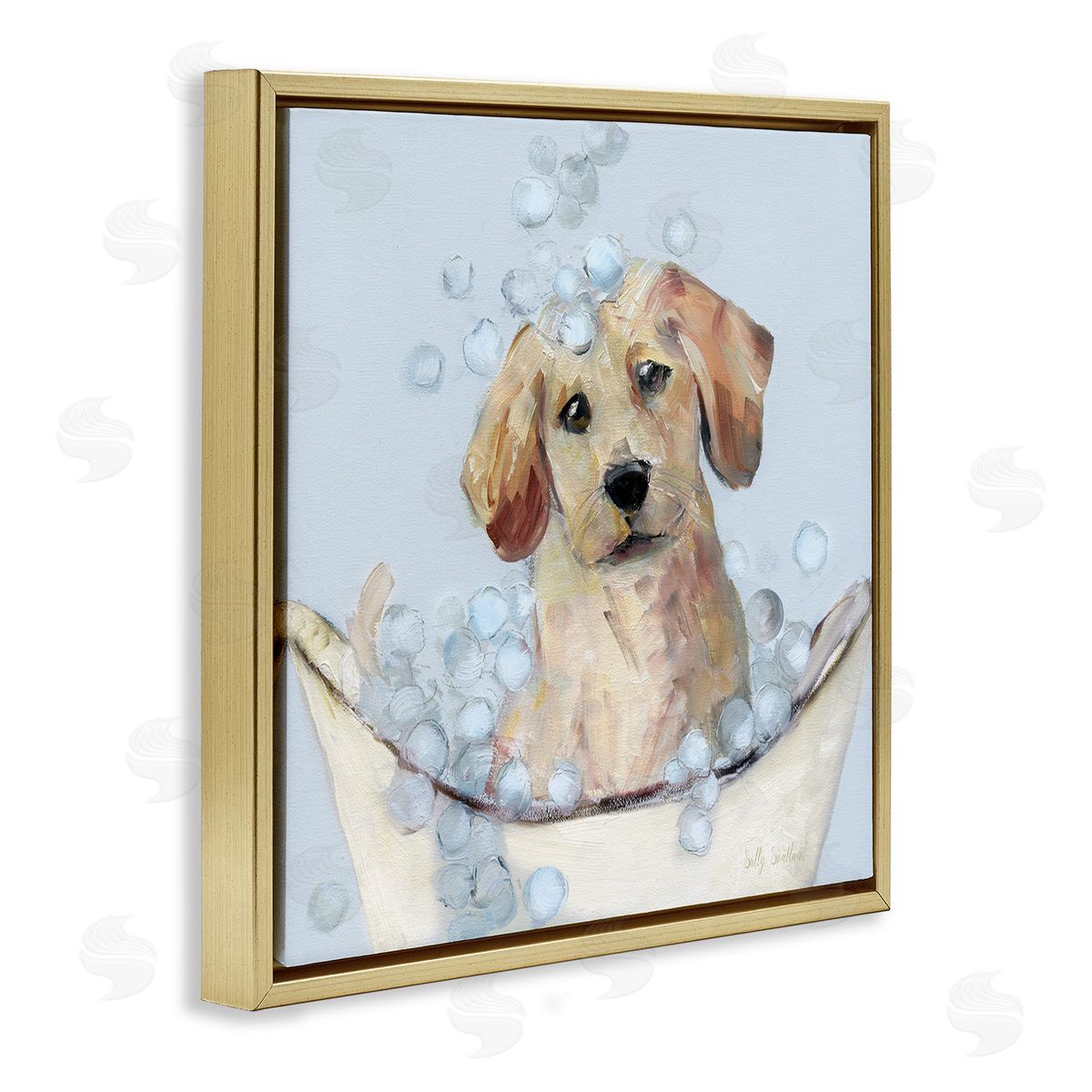 Bubble Bath Lab Puppy Gold Floating Frame Canvas Wall Art, Home Decor by Sally Swatland