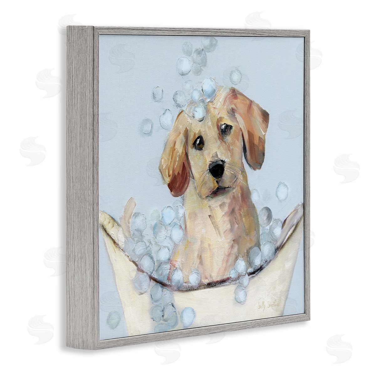 Bubble Bath Lab Puppy Grey Frame Print Wall Art, Home Decor by Sally Swatland