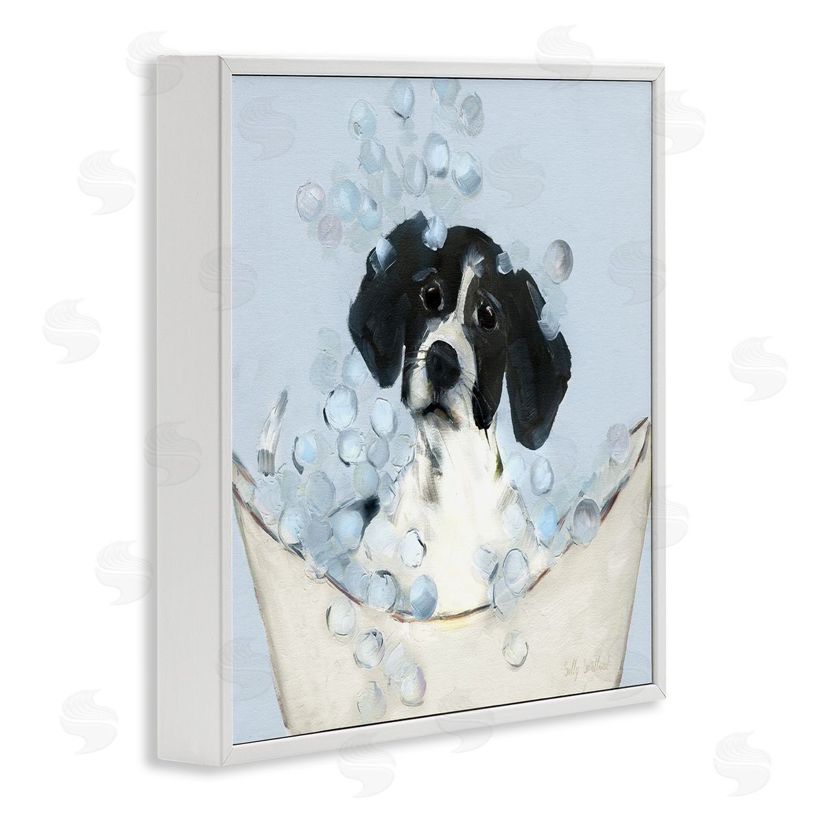 Black & White Puppy in Tub White Frame Print Wall Art, Home Decor by Sally Swatland