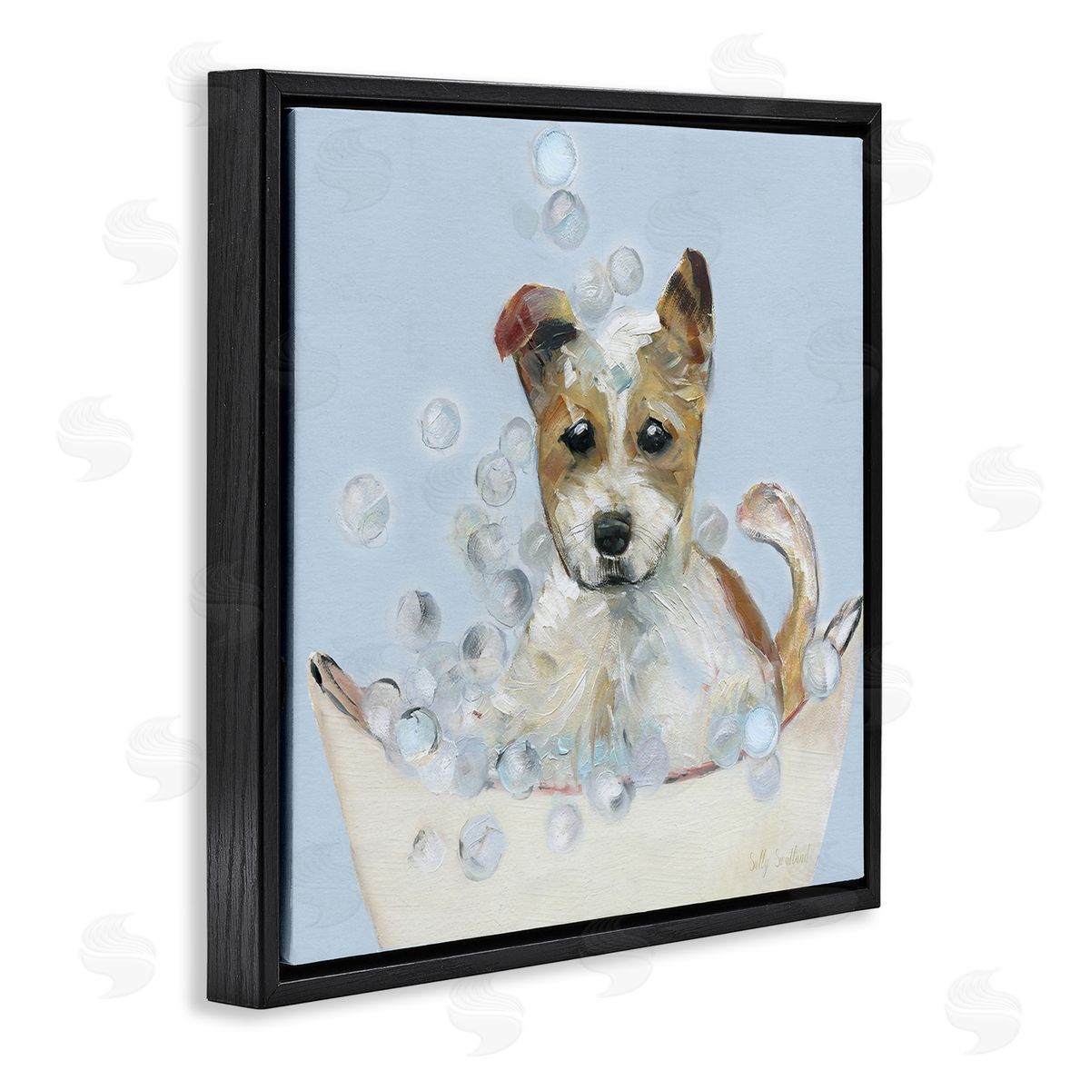 Fun Bubbles Puppy Bath Black Floating Frame Canvas Wall Art, Home Decor by Sally Swatland
