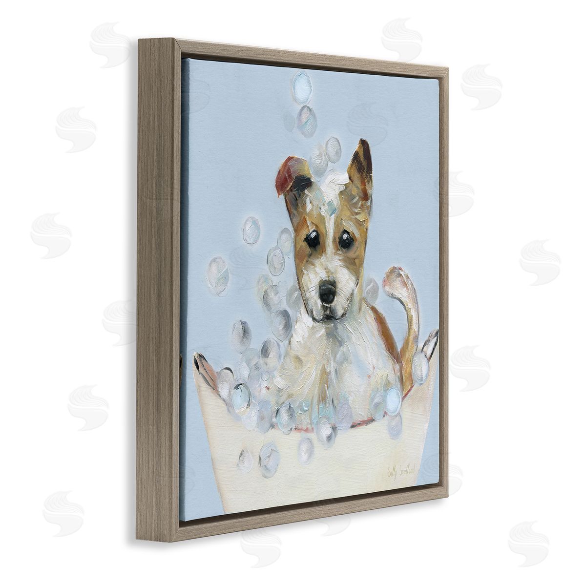 Fun Bubbles Puppy Bath Brown Floating Frame Canvas Wall Art, Home Decor by Sally Swatland