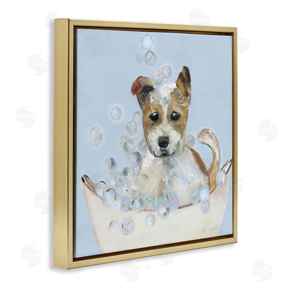 Fun Bubbles Puppy Bath Gold Floating Frame Canvas Wall Art, Home Decor by Sally Swatland
