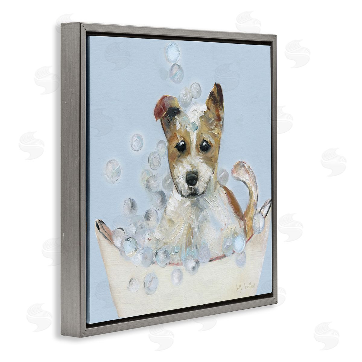 Fun Bubbles Puppy Bath Grey Floating Frame Canvas Wall Art, Home Decor by Sally Swatland