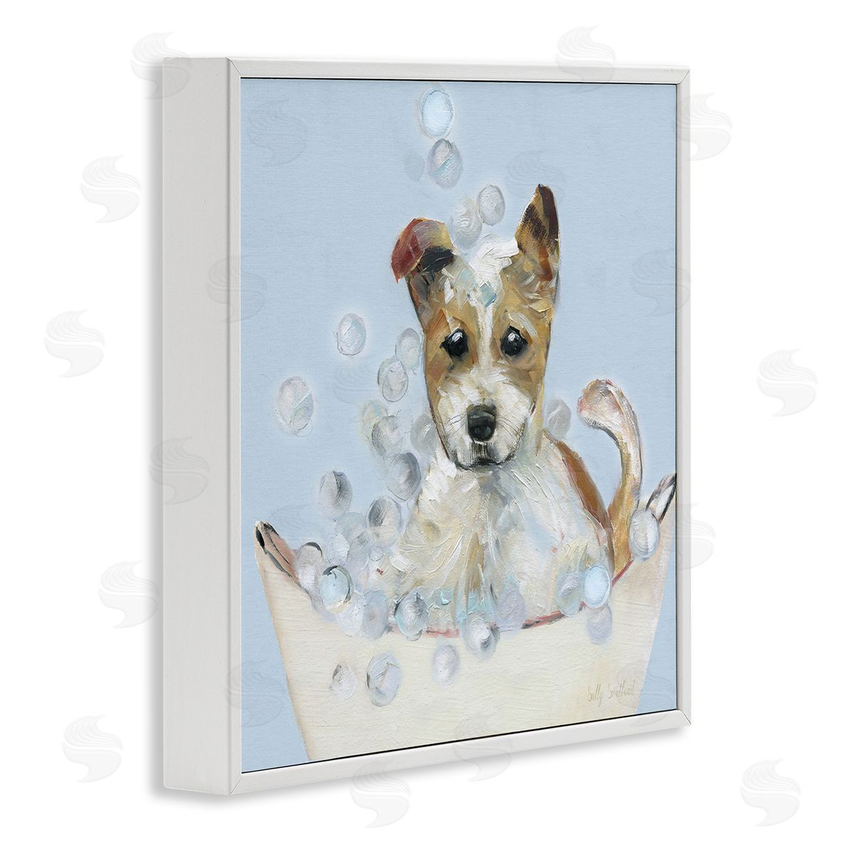 Fun Bubbles Puppy Bath White Frame Print Wall Art, Home Decor by Sally Swatland