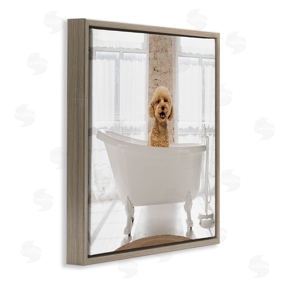 Happy Puppy in Bathtub Brown Floating Frame Canvas Wall Art, Home Decor by CAD Designs