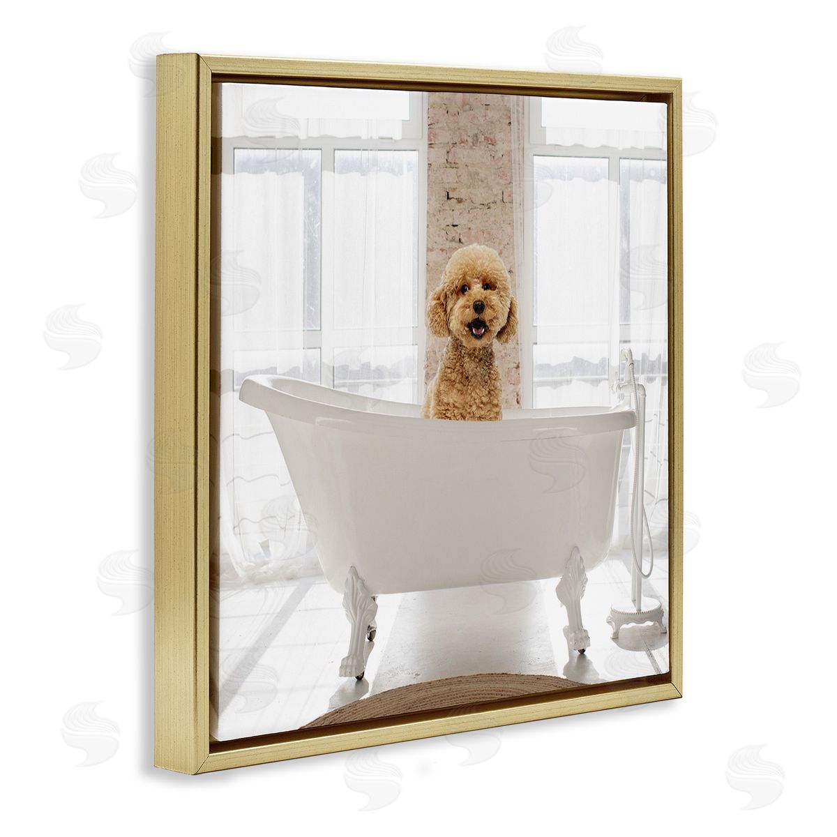 Happy Puppy in Bathtub Gold Floating Frame Canvas Wall Art, Home Decor by CAD Designs
