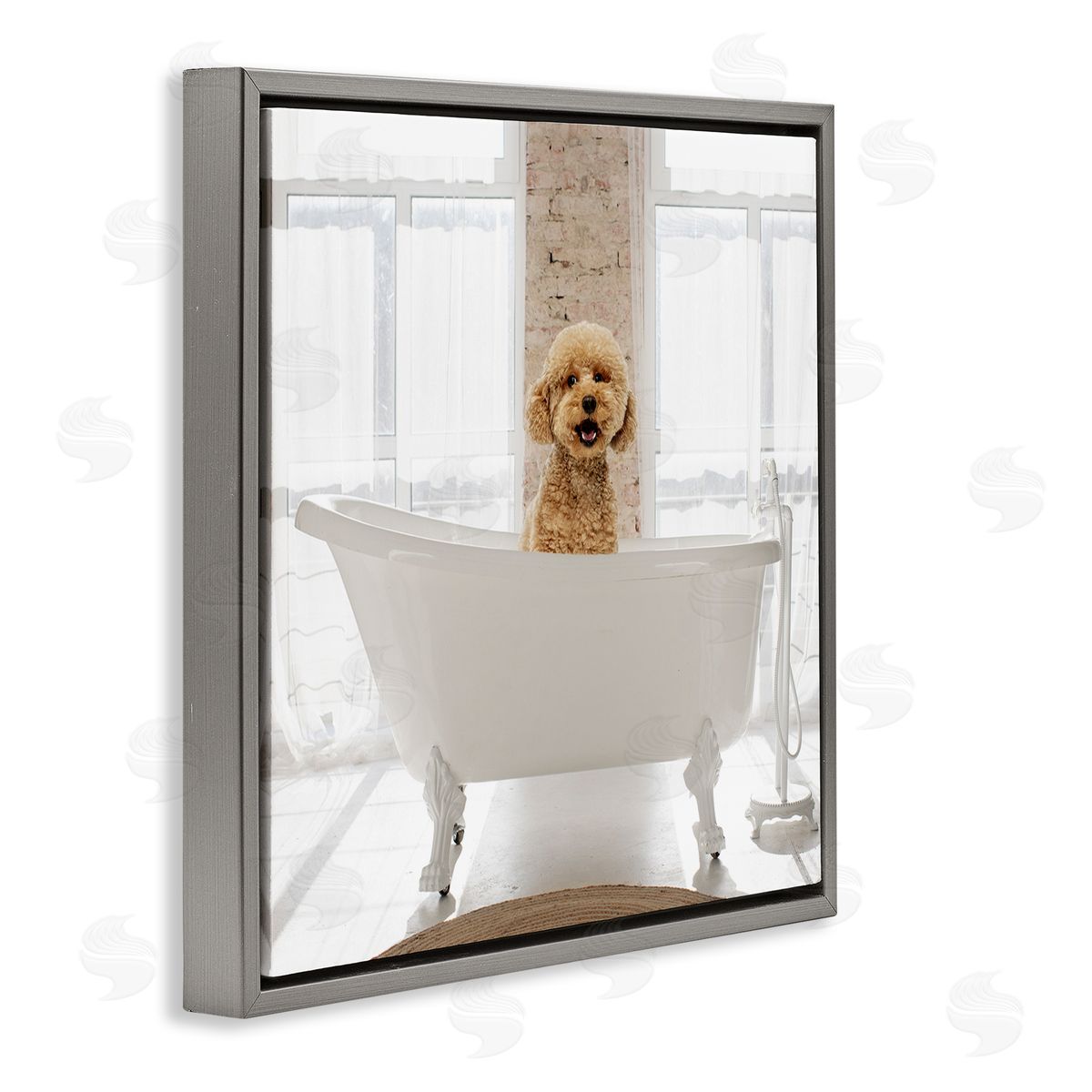 Happy Puppy in Bathtub Grey Floating Frame Canvas Wall Art, Home Decor by CAD Designs