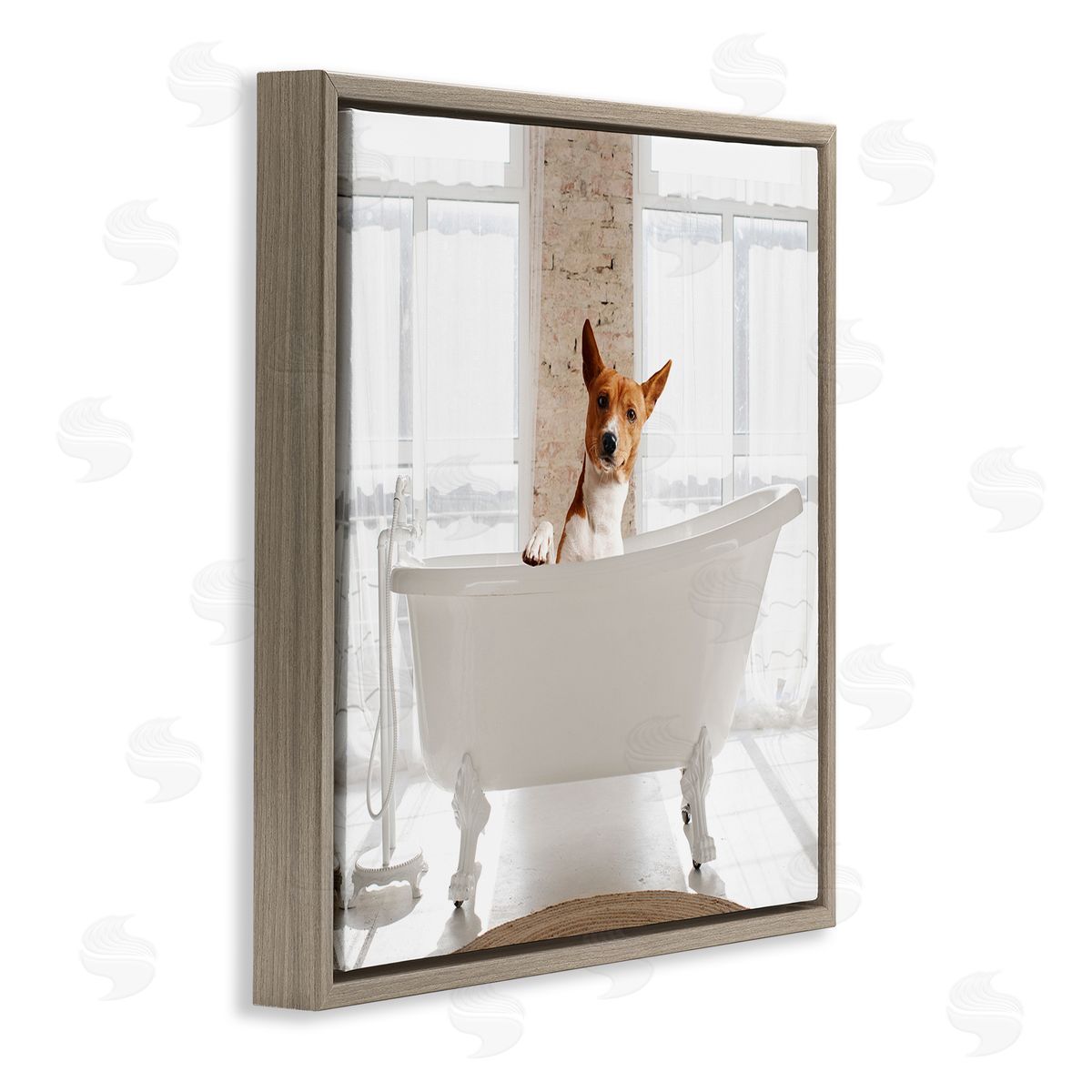 Happy Dog in Bathroom Tub Brown Floating Frame Canvas Wall Art, Home Decor by CAD Designs
