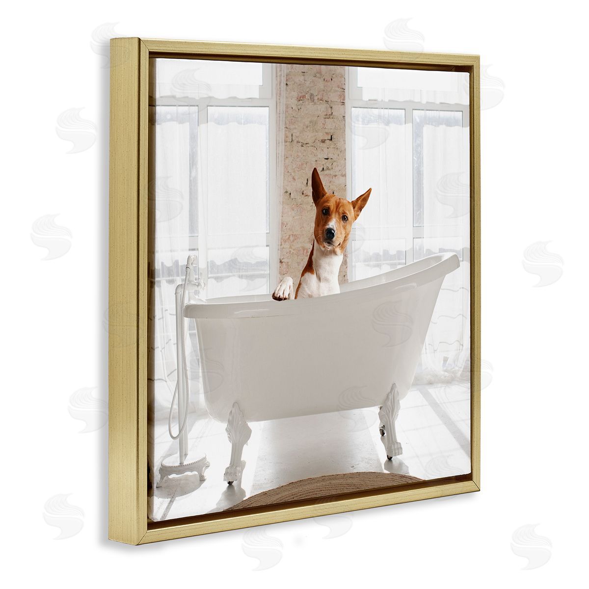 Happy Dog in Bathroom Tub Gold Floating Frame Canvas Wall Art, Home Decor by CAD Designs