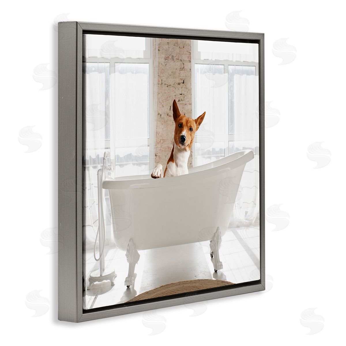 Happy Dog in Bathroom Tub Grey Floating Frame Canvas Wall Art, Home Decor by CAD Designs