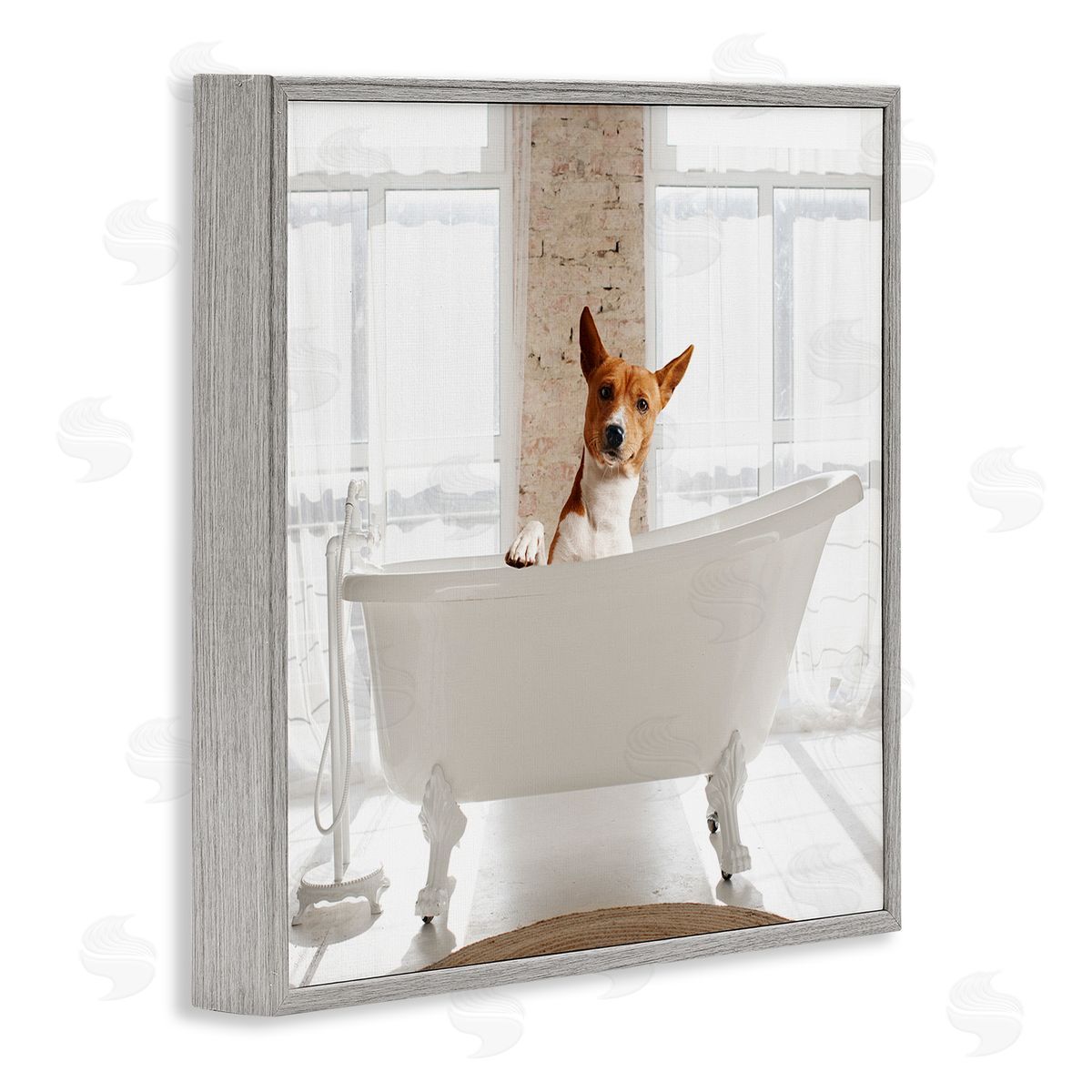 Happy Dog in Bathroom Tub Grey Frame Print Wall Art, Home Decor by CAD Designs