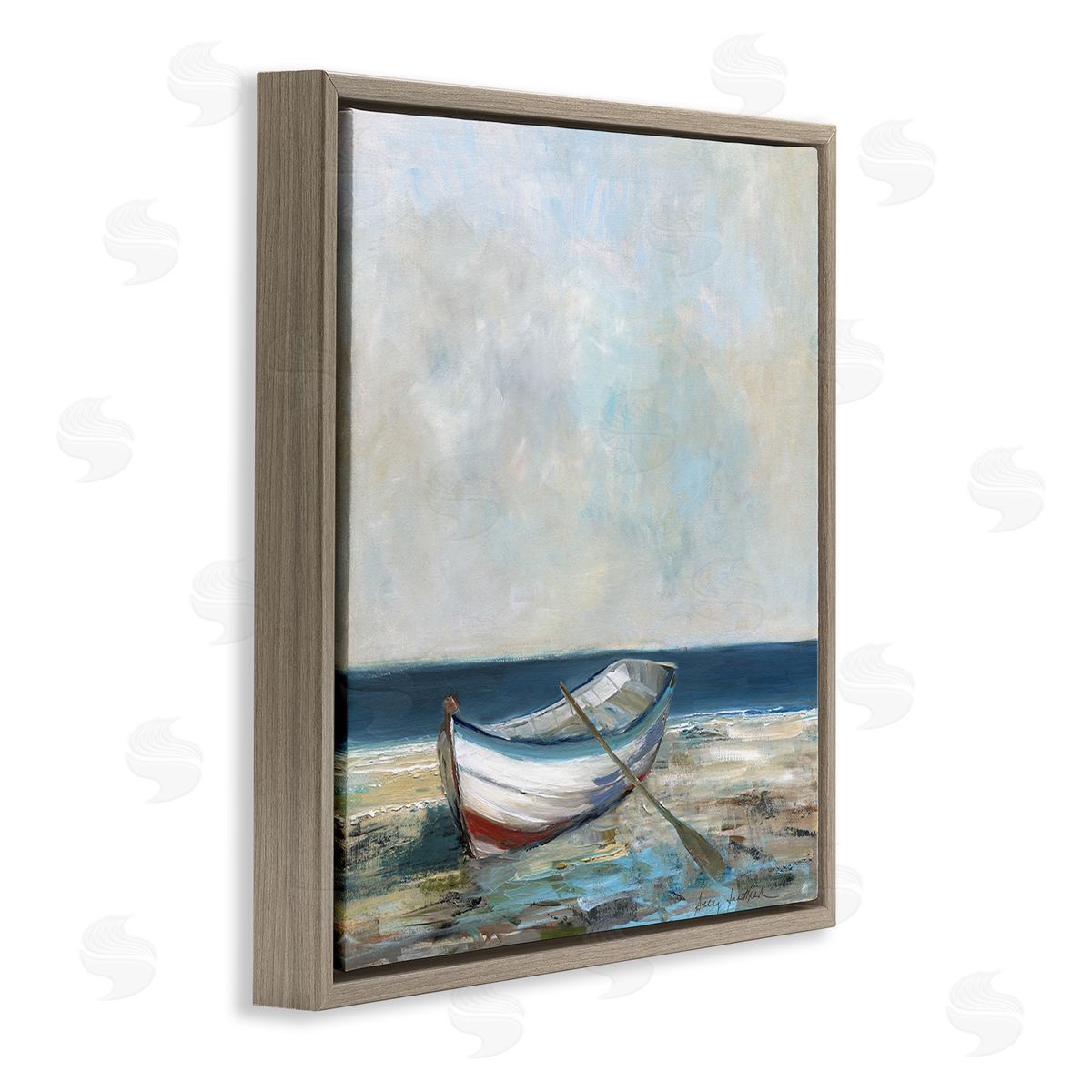Boat & Oar on Shore Brown Floating Frame Canvas Wall Art, Home Decor by Sally Swatland